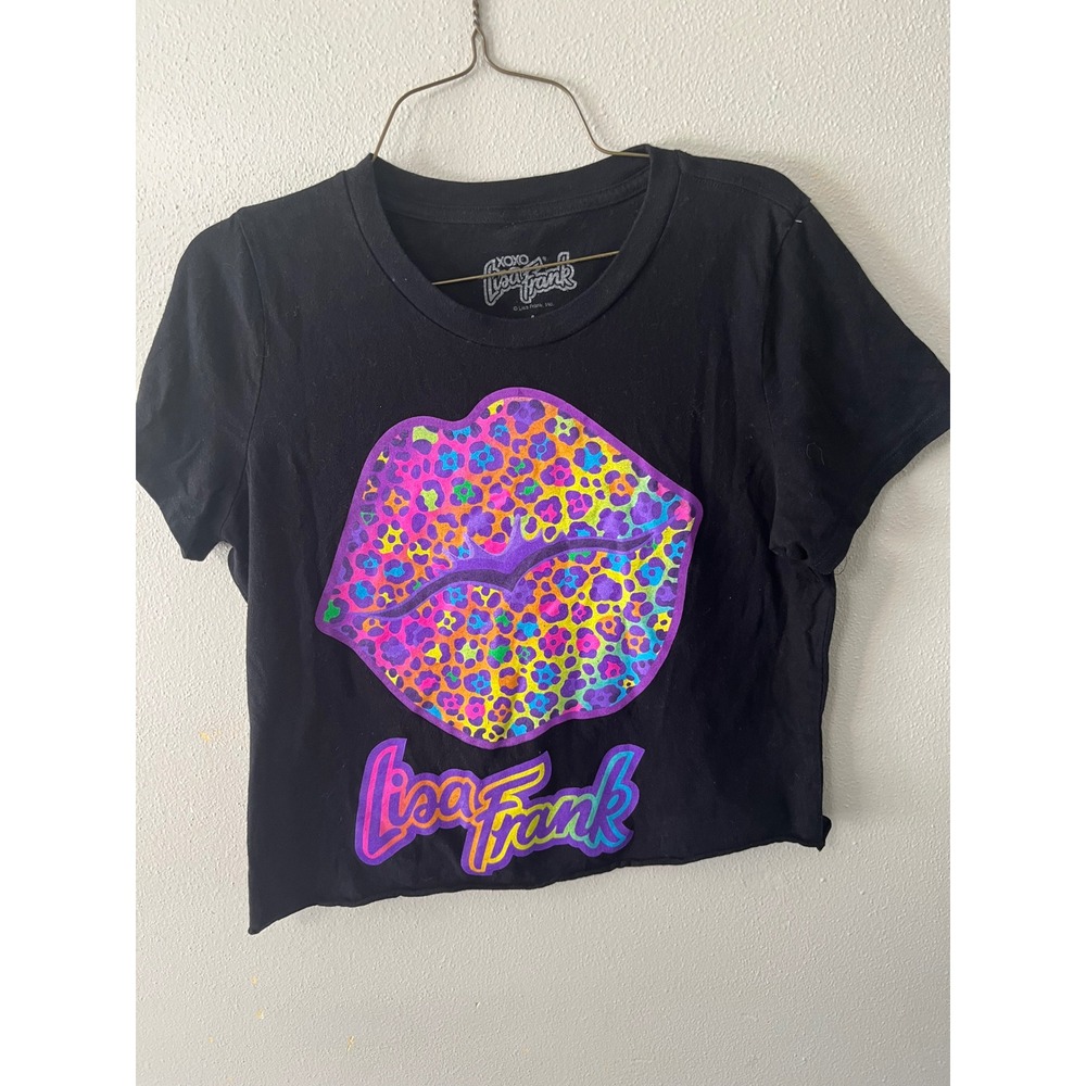 Lisa Frank graphic cropped tee with raw-cut hem 90s Y2K black rainbow lips